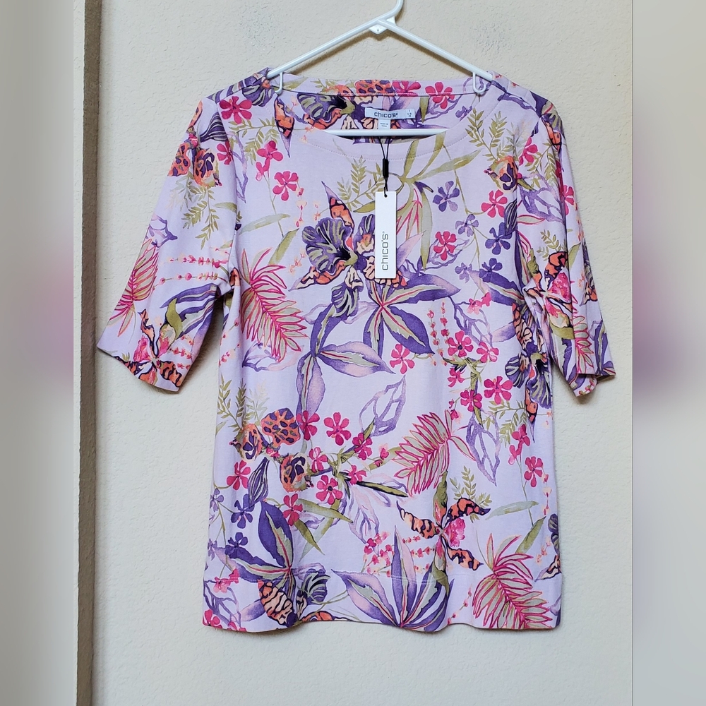 Chico's Pima Wild Floral Bateau Tee Lavender Size Medium